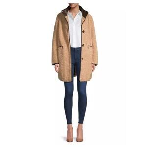 Sam Edelman NWT Camel Brown Long Soft Teddy Coat Faux Leather Accents Women's XL